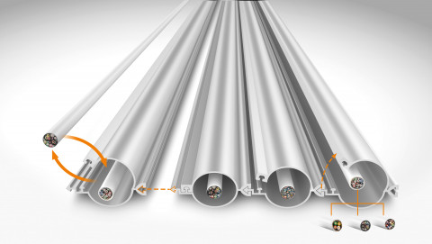 외피를 손쉽게 열 수 있어 케이블 삽입 및 교체가 자유로운 e스킨 케이블 가이드