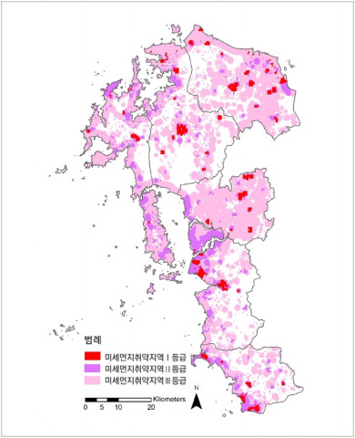 충남 미세먼지 취약지역 우선순위 분포도