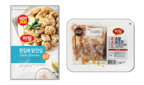 왼쪽부터 IFF 한입쏙 닭안심 오리지널과 순살 닭꼬치 제품
