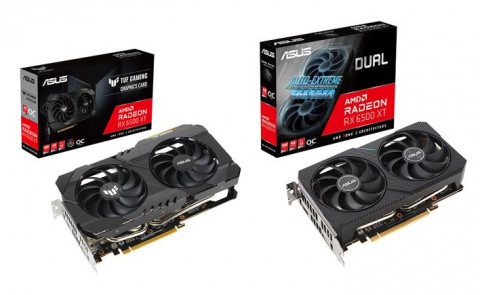 왼쪽부터 ASUS TUF Gaming 라데온 RX 6500 XT O4G D6 4GB와 ASUS DUAL 라데온 RX 6500 XT O4G D6 4GB