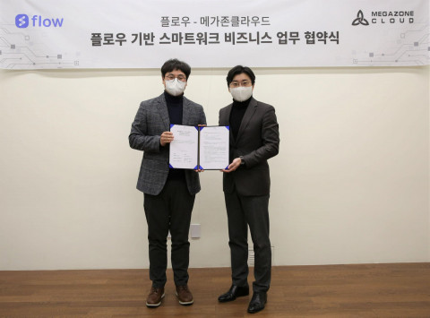 왼쪽부터 마드라스체크 이학준 대표와 메가존클라우드 이주완 대표가 협약을 체결하고 기념 촬영을 하고 있다