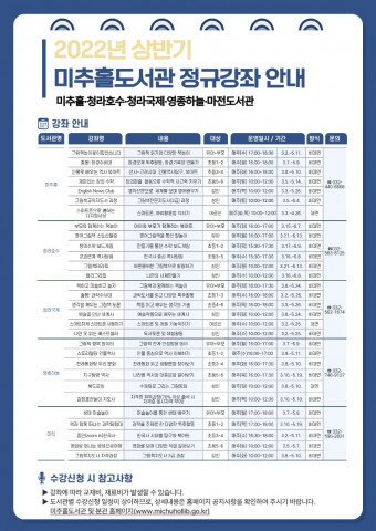 인천광역시미추홀도서관이 본관 및 청라호수·청라국제·영종하늘·마전도서관 정규강좌를 운영한다