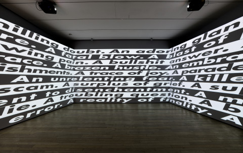Barbara Kruger, Untitled (No Comment) (detail), 2020, Three-channel video installation, courtesy of 