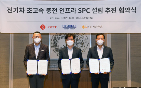 왼쪽부터 롯데지주 이동우 대표이사, 현대차그룹 공영운 사장, KB자산운용 이현승 대표이사가 협약식에서 기념 촬영을 하고 있다