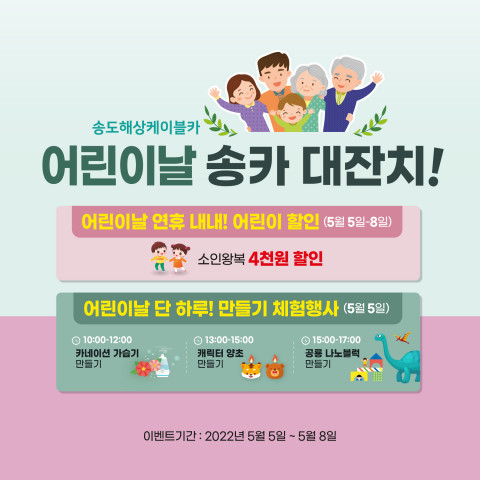 송도해상케이블카가 5월 가정의 달을 맞아 소인 왕복권 할인과 다양한 만들기 체험 행사, 색소폰 공연 등 다채로운 이벤트를 진행한다