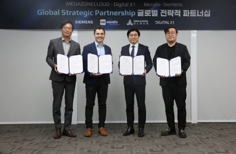 왼쪽부터 지멘스(Siemens) 김진혁 부사장, 멘딕스(Mendix) Tim Srock (팀 스록) 글로벌 CEO, 메가존클라우드 이주완 대표, Digital X1 (디지털엑스원)