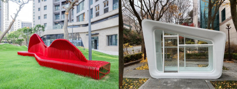 왼쪽부터 단지·주택분야 시공자동화 부문에서 혁신상을 수상한 3D프린팅 기술로 제작한 옥외용 벤치, 3D 프린팅 비정형 거푸집으로 제작한 콘크리트 구조물