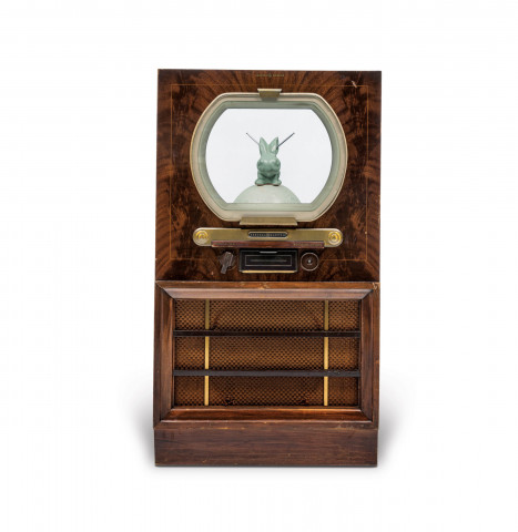 백남준 1932 - 2006 Korean/American Beuys Vox
glazed ceramic, TV cabinet, mixed media 1988-89