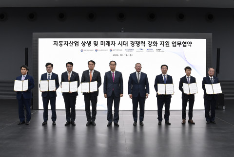 왼쪽부터 한국공정거래조정원 김형배 원장, 현대차그룹 전략기획담당 공영운 사장, 중소벤처기업부 조주현 차관, 산업통상자원부 장영진 1차관, 한덕수 국무총리, 현대차그룹 정의선 회장,