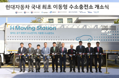 왼쪽부터 현대로템 에코 플랜트 사업본부장 오준석 상무, 한국가스안전공사 수소검사처 박용석 처장, 서울시 친환경 차량과 정순규 과장, 광진구 백일헌 부구청장, 현대차 국내 사업본부장