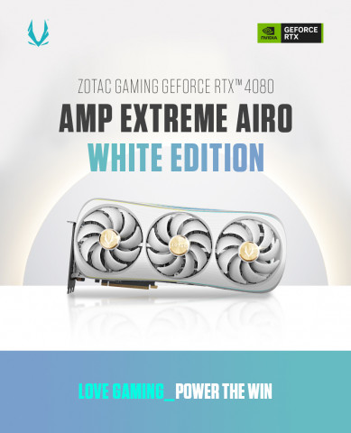 지포스 RTX 4080 AMP 익스트림 AIRO 화이트 게이밍 그래픽카드는 조텍코리아의 공식 쇼핑몰 ‘탁탁몰’을 통해 2월 14일 발렌타인데이부터 판매를 시작한다