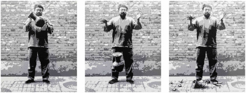 Dropping a Han Dynasty Urn, Triptych: 230 x 192 cm x 3p, LEGO bricks mounted on aluminum, 2015 (Edit