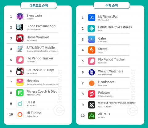 2022년 전 세계 모바일 건강 및 피트니스 앱 다운로드 및 수익 순위