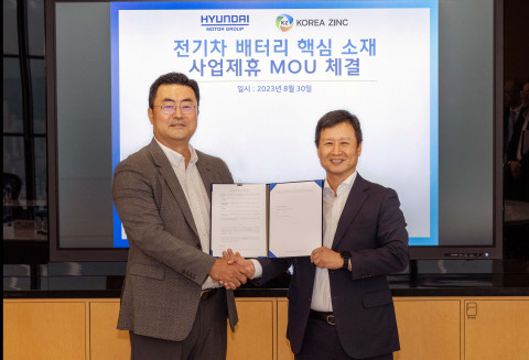 왼쪽부터 김흥수 현대차그룹 GSO(Global Strategy Office) 담당 부사장과 박기덕 고려아연 사장이 전기차 배터리 핵심소재 사업 제휴 업무협약(MOU)을 체결한 뒤 