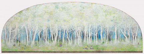 쥬빌리(Jubilee), 한지 위에 석채, 수간채색, 82x224cm 2020. 이 작품은 축제를 뜻하는 ‘쥬빌리(Jubilee)’ 어원에서 비롯됐다. 자유로운 축제일과 같은 Ju