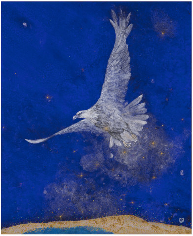 ‘The blessing’, hand_embllished pigment print. 24K 순금, 미네랄 안료, 2/45, 2023. 화면의 독수리는 힘차게 비상하며 별무리를 이 