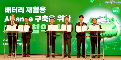 왼쪽부터 현대글로비스 이규복 대표이사, 기아 국내사업본부장 권혁호 부사장, 이철우 경북도지사, 에코프로 송호준 대표이사, 에바싸이클 류지훈 대표이사, 경북테크노파크 하인성 원장
