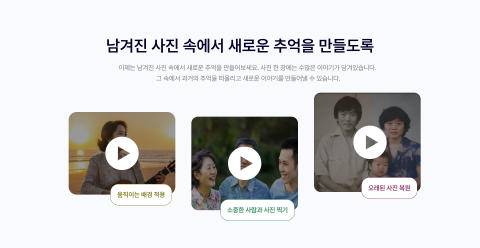 기품 서비스를 통해 추억을 새롭게 만들 수 있다. 고인 사진에 인물을 자연스럽게 추가하거나, 혹은 고인을 자연스럽게 추가할 수 있다. 오래되고 낡은 사진도 복원할 수 있다