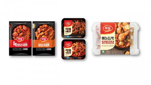 하림 매콤한 닭고기 제품 3종(왼쪽부터 핵불닭치면/불닭치면, 직화 무뼈 닭발 2종, 마늘 듬뿍 닭볶음탕)
