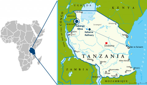 Map showing the locations of the Kabanga Nickel Project and Kahama Refinery within Tanzania. Kahama 