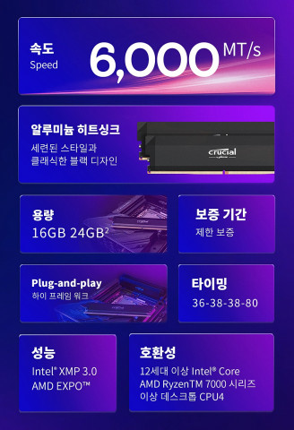 한국시장에 공식 출시되는 신제품은 2종이다. 동작클럭 6000MHz에 램타이밍은 36-38-38을 공통으로 16GB 용량 메모리를 먼저 출시하고, 차례대로 24GB 용량 제품군도 