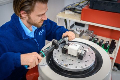 Eaton engineer performs tests on a fuse for electrified commercial vehicles. (Photo: Business Wire)