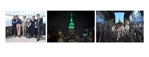 The cast of “House of the Dragon” on ESB’s 86th Floor Observatory; ESB lit in green; the Iron Throne