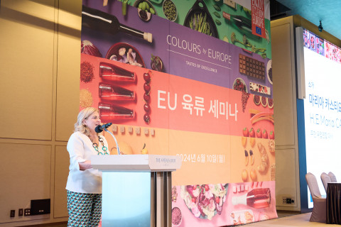 6월 10일 열린 EU 육류 세미나에서 마리아 카스티요 페르난데즈 주한 EU 대사가 행사에 참가한 국내 식품업계 관계자들에게 환영사를 전했다