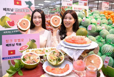 10일 롯데마트 잠실점에서 모델들이 건강 과일로 관심을 받고 있는 베트남 포멜로를 활용한 다양한 요리를 선보이고 있다. 포멜로는 대표적인 저칼로리·저당 과일로, 비타민 C와 칼륨,