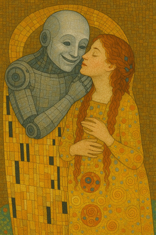 로봇과 사랑을 크림트의 그림 풍으로 패러디한 그림