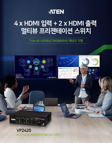 신제품 4x2 True 4K HDMI 프레젠테이션 매트릭스 스위치 에이텐 VP2420은 회의실, 강의실, 전시장, 방송 환경 등에서 쉬운 의견 교환, 종합적인 데이터 비교, 끊김 