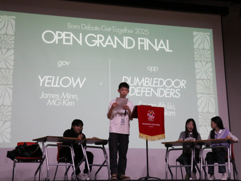 A finalist delivers a speech during the Grand Final of the Bom Debate Get-Together 2025 at Dulwich C