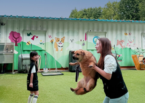 녹십자수의약품 임직원 가족들이 보호소 내 유기견과 따뜻한 교감의 시간을 보내고 있다