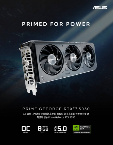 ASUS Prime RTX 5050 OC는 2.5슬롯 두께(268.3×120×50mm)의 히트싱크에 Axial-tech 팬 3개와 통풍형 메탈 백플레이트를 조합해 부스트 클록 2,707MHz(OC 모드)에서도 안정적인 구동을 실현했다. GPU 접촉면을 평탄화한 MaxContact 설계를 통해 기존 대비 GPU 온도를 최대 2°C 낮췄으며, 듀얼 BIOS 스위치로 Performance(최대 냉각)와 Quiet(저소음) 모드 전환이 가능하다