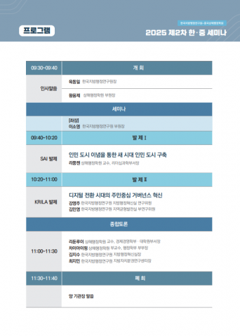 한국지방행정연구원-상해행정학원 2025 제2차 한중세미나 프로그램(안)