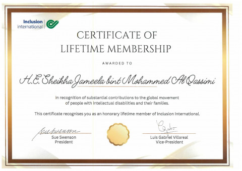 Honorary Lifetime Membership certificate awarded to Sheikha Jameela bint Mohammed Al Qasimi by Inclu