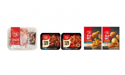하림, 닭고기 간편식(왼쪽부터 궁중찜닭용 소스가 들어있는 닭볶음탕용, 직화 닭발 2종, 하림 후라이드 조각치킨·순살치킨)