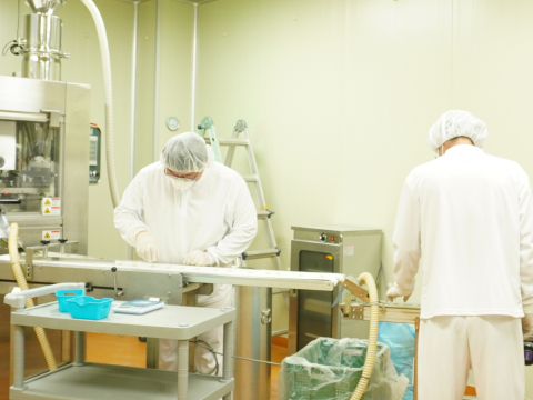 채용된 고교 취업 실습생들이 원스팜 생산 현장에서 위생 복장을 갖추고 직업에 임하고 있는 모습