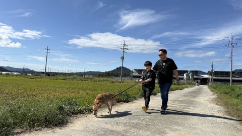 가치그린봉사단이 유기견과 함께 걸으며 따뜻한 시간을 보내고 있다