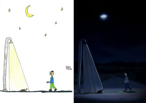 저녁에 산책을 나갔다가 가로등 밑에서 장수풍뎅이를 보았던 일이 행복했다며, 청소년이 직접 그린 손그림을 AI가 새롭게 표현한 작품(사진 제공: 방배ART유스센터)