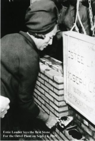 Estée Lauder lays the first stone for The Estée Lauder Companies’ Oevel, Belgium facility in 1965