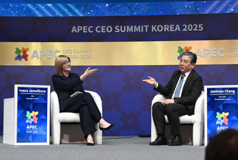 왼쪽부터 이바나 제멜코바 수소위원회 CEO와 장재훈 현대차그룹 부회장이 ‘APEC CEO 서밋’ 수소 세션에서 대담을 진행 중인 모습