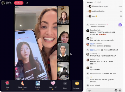 ‘뷰티베이커리’ 참여 크리에이터 4인이 함께 진행한 틱톡 라이브 방송 장면. 뉴욕 팝업 소식을 직접 전하며 팬들과 소통하는 모습이 담겼으며, 해당 라이브는 공개 직후 온라인상에서 