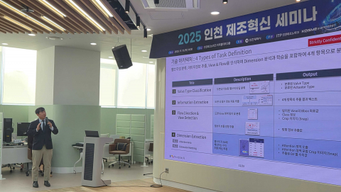 2025 인천 제조혁신 세미나에서 몬드리안에이아이 발표자가 AI 기반 제조혁신 사례를 소개한다