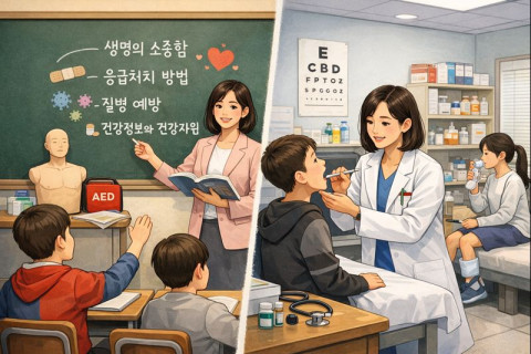 보건교사의 법적 직무가 보건교육과 건강관리로 변화돼 교실에서 보건과목 수업을 하는 장면 및 보건실에서 건강관리를 하는 장면. 과거의 사후처치 위주에서 변화된 역할을 설명한다(AI 