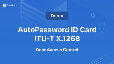 자동패스워드 ID 카드 - Door Access Control 데모 이미지. 출입카드나 공동 비밀번호 없이 스마트폰만으로 시설 인증 및 제어가 가능하며, 아이폰과 안드로이드 단말 