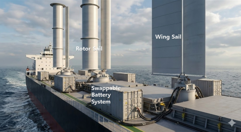 선박용 교체식 배터리 시스템을 적용한 풍력보조추진장치(WAPS) 구동 개념도(Nano Banana 생성 이미지)