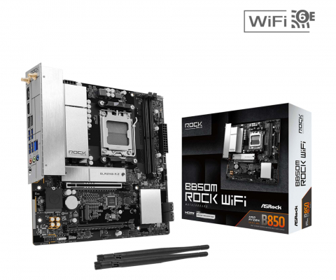 B850M Rock WiFi는 AMD B850 칩셋 기반으로 Ryzen 9000/8000/7000 시리즈를 지원하며, DDR5 2DIMM 구성과 함께 Blazing M.2(PCIe