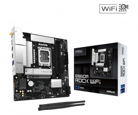 B860M Rock WiFi는 LGA1851 기반으로 Intel Core Ultra 프로세서(Series 2)를 지원하며, DDR5 2DIMM 구성과 Blazing M.2(PCIe
