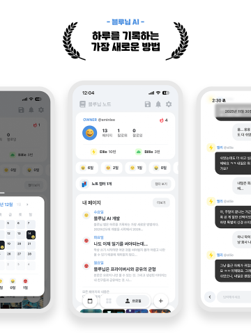 블루닙(Bluenib) 앱의 주요 화면 구성. 사용자는 AI ‘Ellie’와 ‘Billie’와의 대화를 통해 하루를 기록하고, 기록된 일기를 기반으로 개인 페이지에서 감정, 기록 